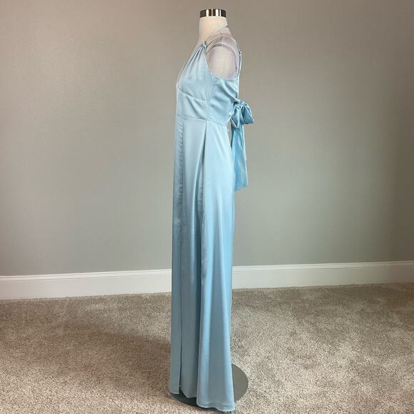 AQUA Satin Cut Out Back A-Line Long Evening Gown Blue Size 10 Formal Dress - Picture 5 of 9